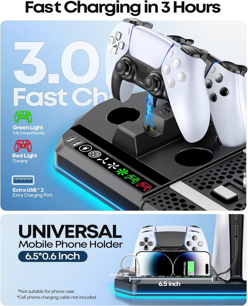 Gersker Cooling Station with Dual Controller Charger Compatible with PlayStation 5/Slim/Pro Console, PS5 Cooling Stand Vertical, 3 Level Cooler Fan, PS5 Accessories Base Docking Station, Black - Image 5